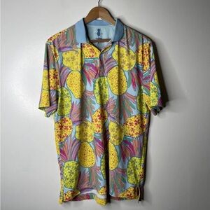 Chubbies Golf Polo Shirt Mens Medium Pineapple All Over Print Vibrant Neon